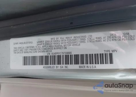 2009 Subaru Outback 2.5I from USA, damaged, VIN 4S4BP61C797338995